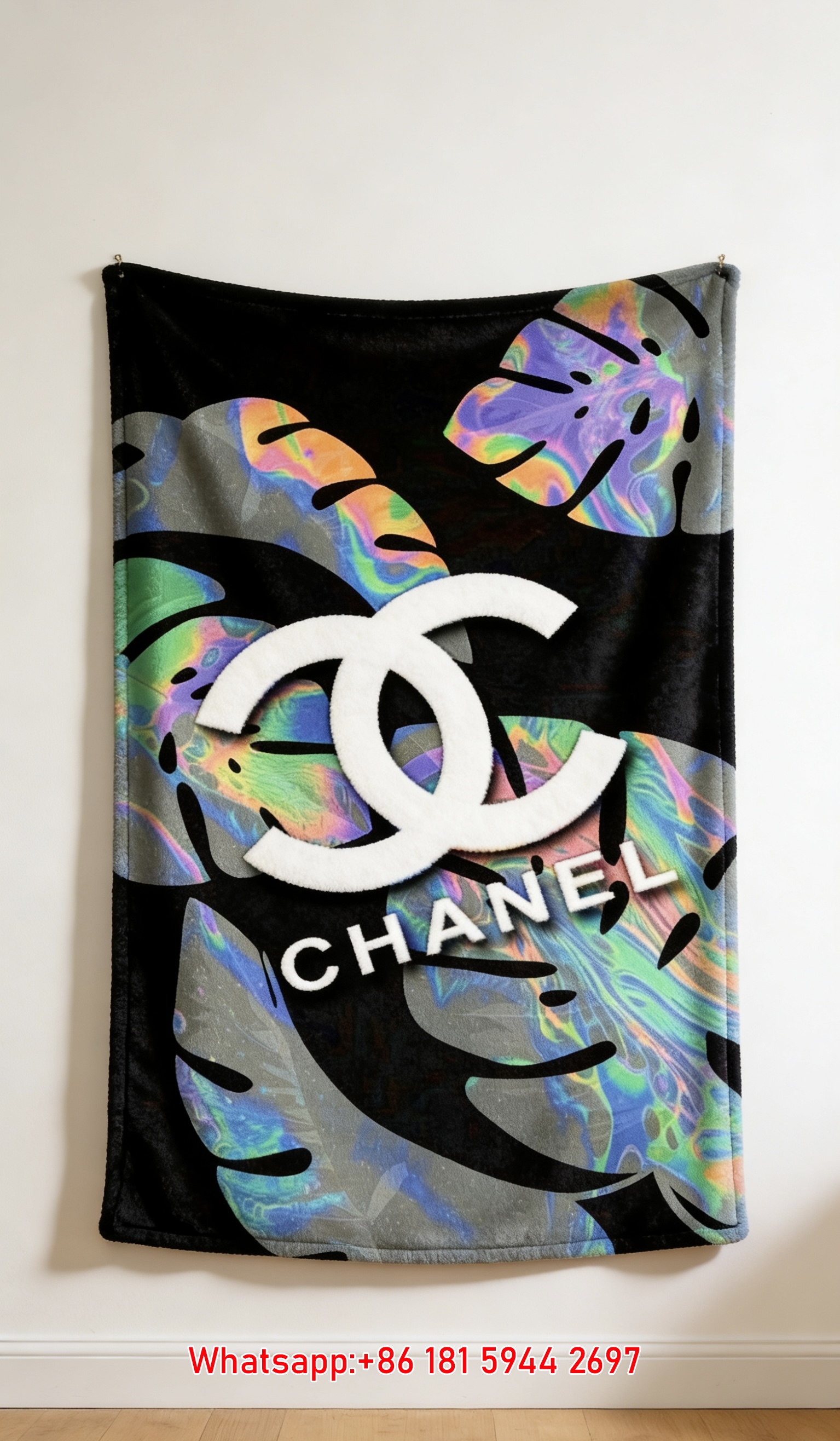 Holographic Tropical Leaf Chanel Flannel Throw Blanket Chanel Inspired Luxury Wall Decor IMG_7273